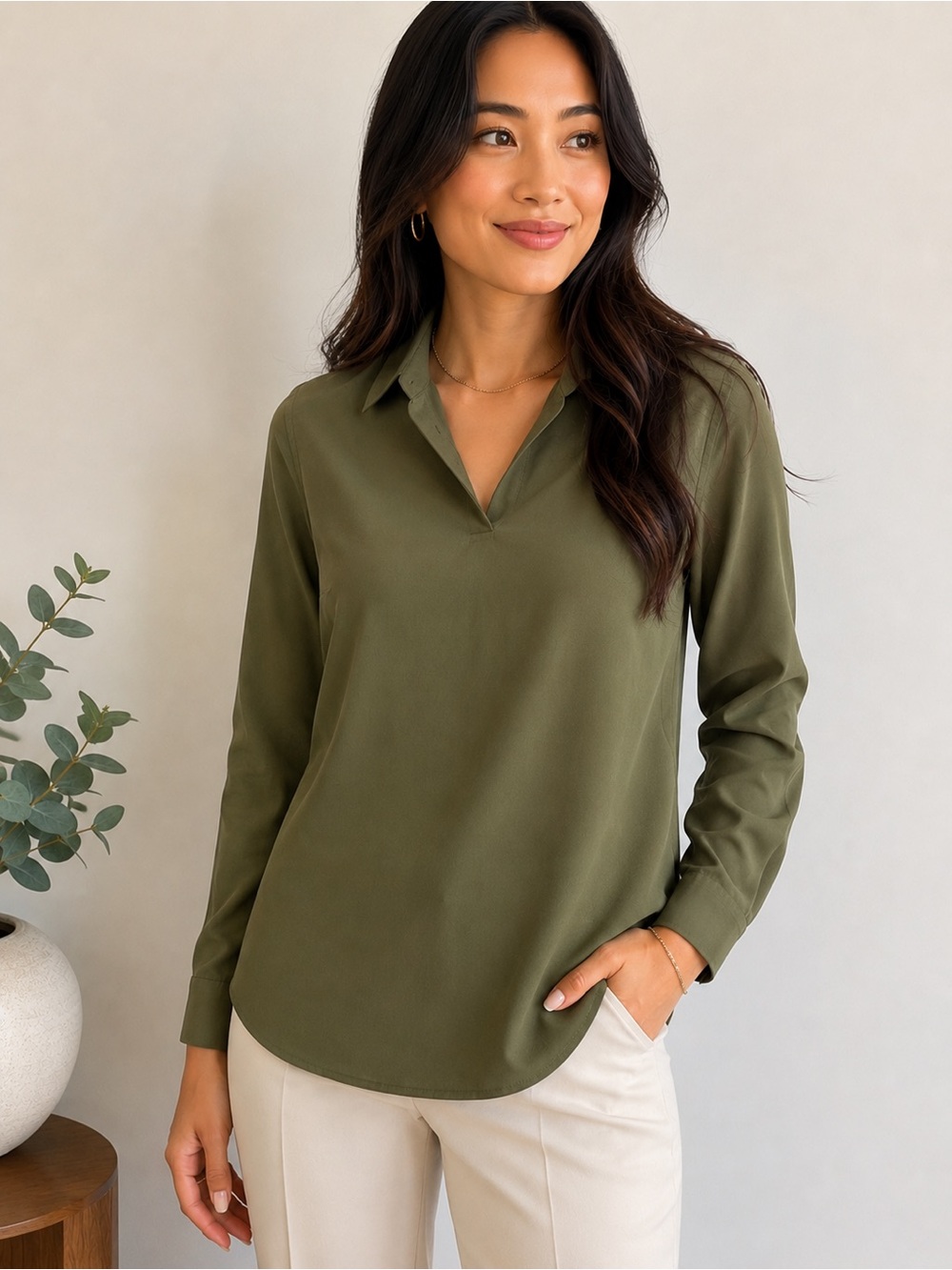 Banana Republic Boyfriend Fit Olive Green‎ Blouse XS Career Top, Buttons on back